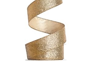 Ribest Gold Glitter Wired Ribbon for Christmas Tree Wreath Decoration Home Décor Gift Wrapping Crafts Sewing, 1 1/2 Inch 10 Yard