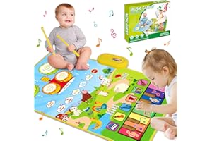 RAIMY 3 in 1 Musical Mat for Toddlers 1-3, Piano Mat & Drum Mat with 2 Sticks, Early Educational Learning Toys for 12-18 Months Baby, Animal Touch Play Blanket Birthday Gifts for 1 2 3 Year Old Boys Girls