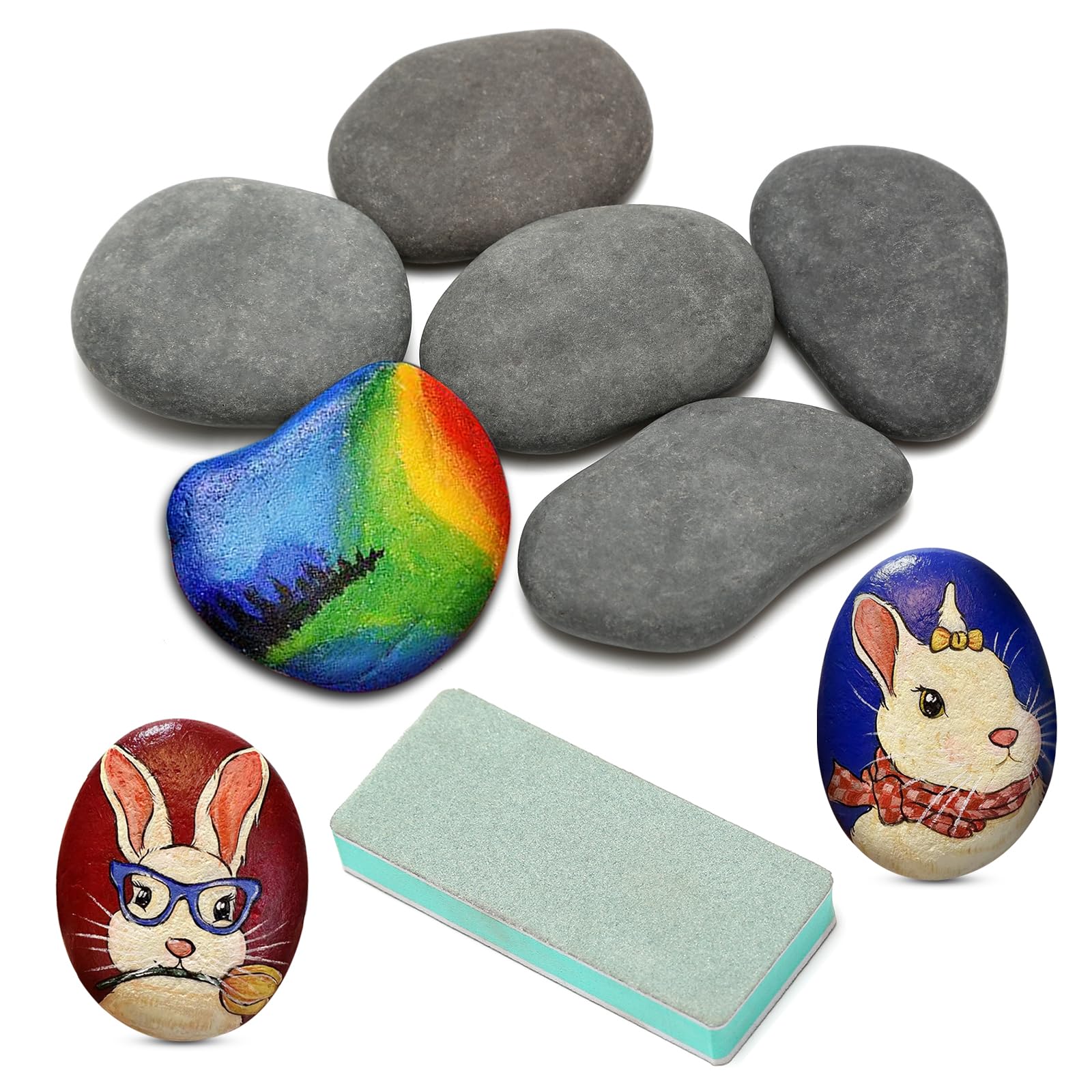 6 Pcs Natural Painted Stone Pebbles, 5-8cm Black Painting Pebbles, Piece of Beach Pebbles, Flat Pebbles with Polished Plate for Painting DIY Crafts Garden Decoration