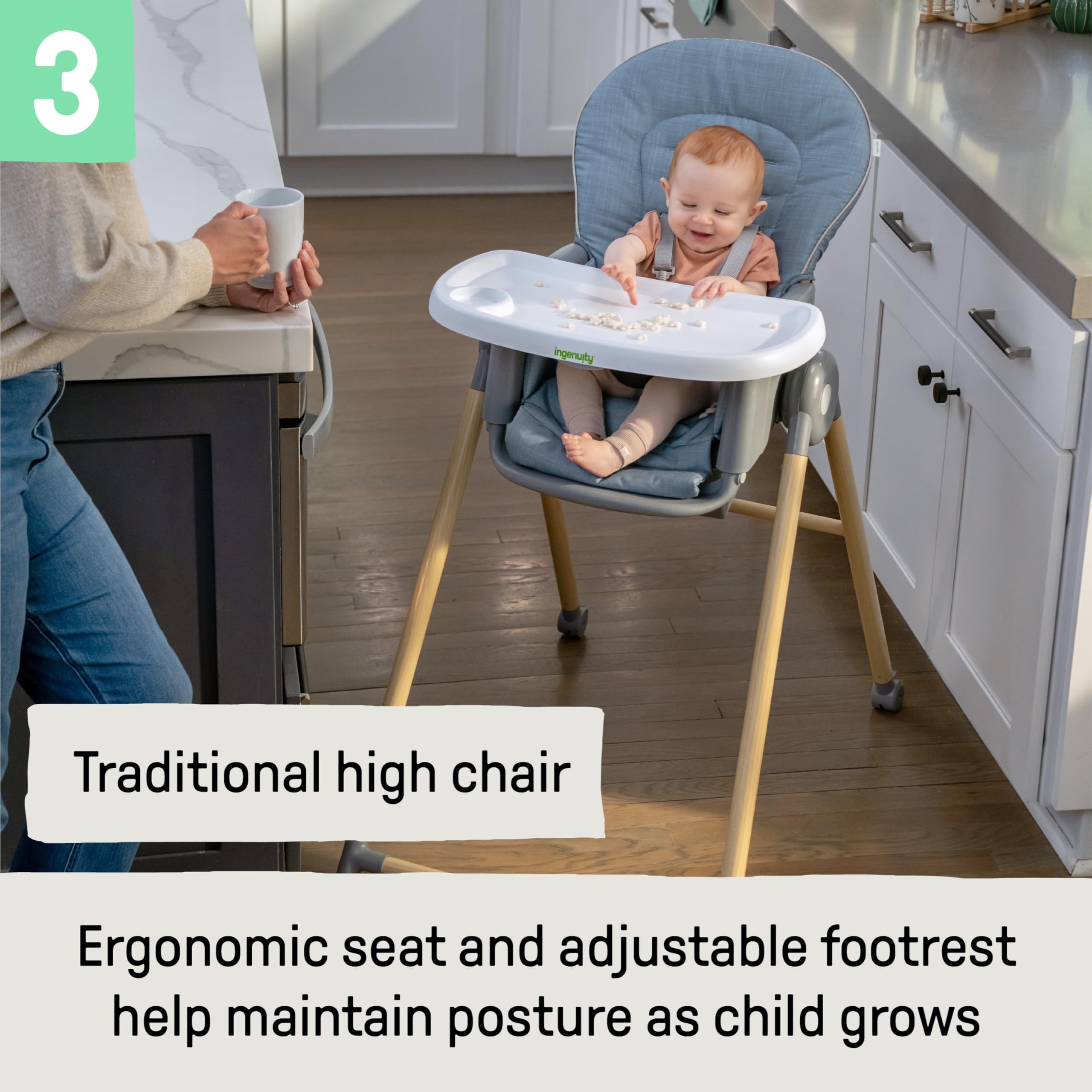 Ingenuity Proper Positioner Deluxe High Chair - 7-in-1 Convertible Baby Seat, Faux Wood Print Legs, Unisex, for Ages 0-36 Months