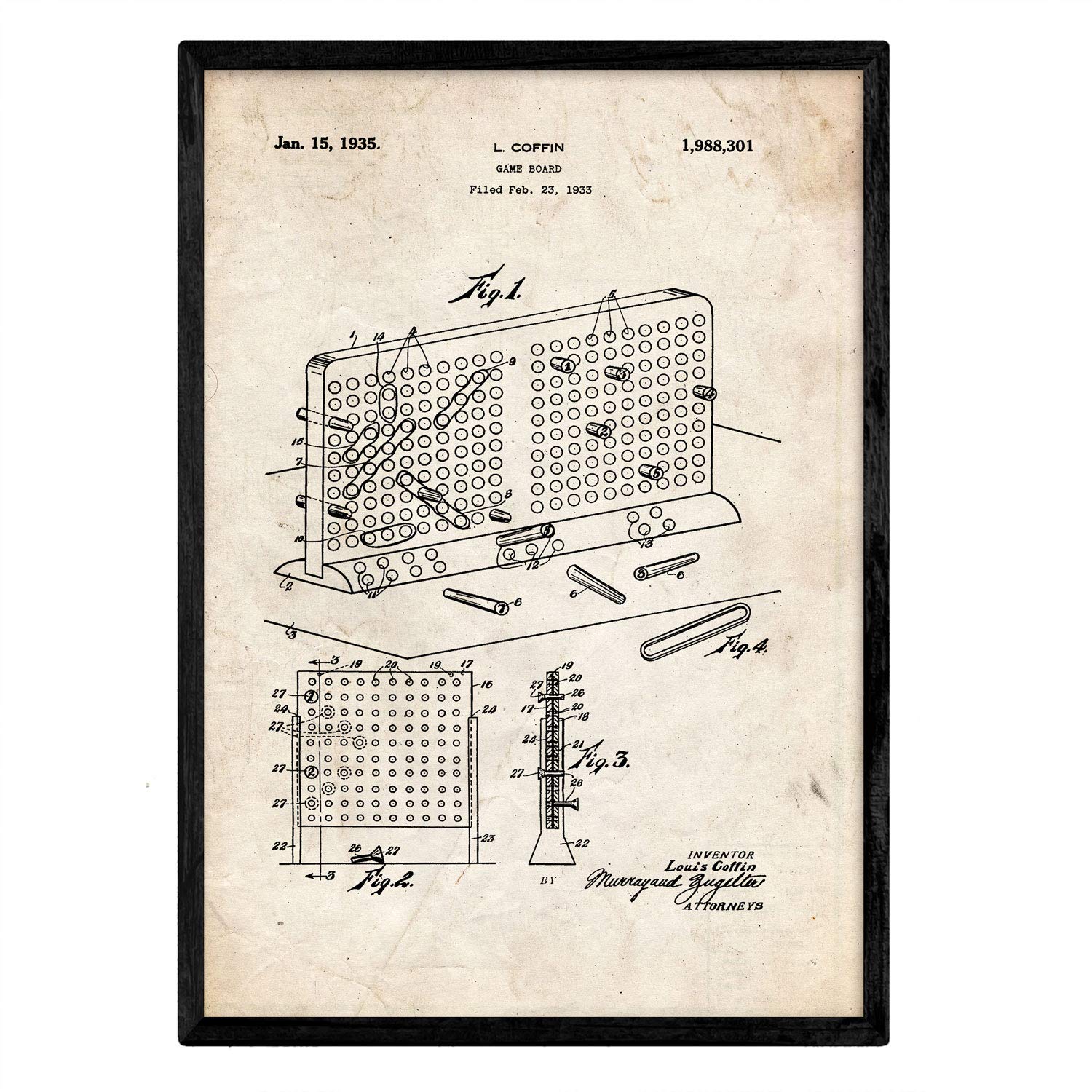 Nacnic Poster patent-tac-toe on board. Sheet with old design patent in A3 size and vintage background