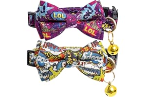 Faygarsle 2 Pack Cotton Designer Breakaway Cats Collar with Bow Tie and Bell Graffiti Style Cat Collars for Girl Female Boy Male Cat Collar with Bell Collars for Cats Purple Yellow