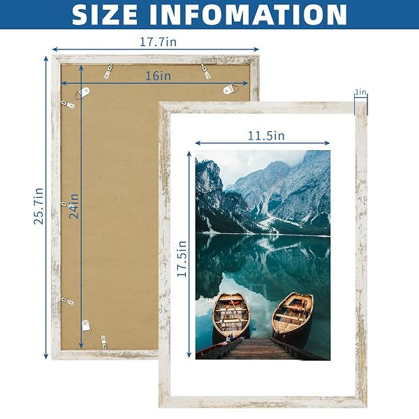 HONGKEE 16X24 FRAME SET OF 2, DISTRESSED WHITE WOOD STYLE – DISPLAY 16 X 24 PICTURE WITHOUT MAT OR 12X18 PICTURE WITH MAT, WALL MOUNTING HORIZONTAL AND VERTICAL