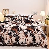 Aimuan Cow Print Duvet Cover Shaggy Fluffy Tie Dye Brown Black Velvet Bedding Set Super Soft Faux Fur Fuzzy Comforter Cover with Pillowcases (Coffee-Black, Queen)