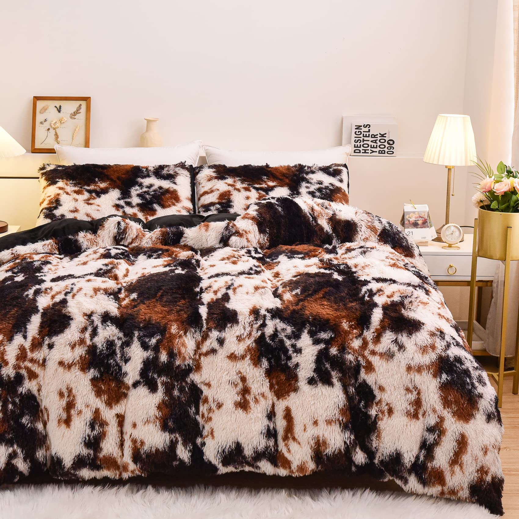 Photo 1 of Aimuan Cow Print Duvet Cover Shaggy Fluffy Tie Dye Brown Black Velvet Bedding Set Super Soft Faux Fur Fuzzy Comforter Cover with Pillowcases (Coffee-Black, King)