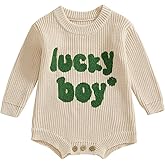 Eurvoku Newborn Infant Baby Boy St Patricks Day Outfit Lucky Boy Embroidery Knit Sweater Romper Long Sleeve Bubble Bodysuit