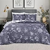 Invoibler Grey Floral Quilt Queen Size 3 Pieces Botanical Bedspread Coverlet Set Reversible Lightweight Microfiber Bedding Quilts Set for All Season (1 Quilt, 2 Pillow Shams)