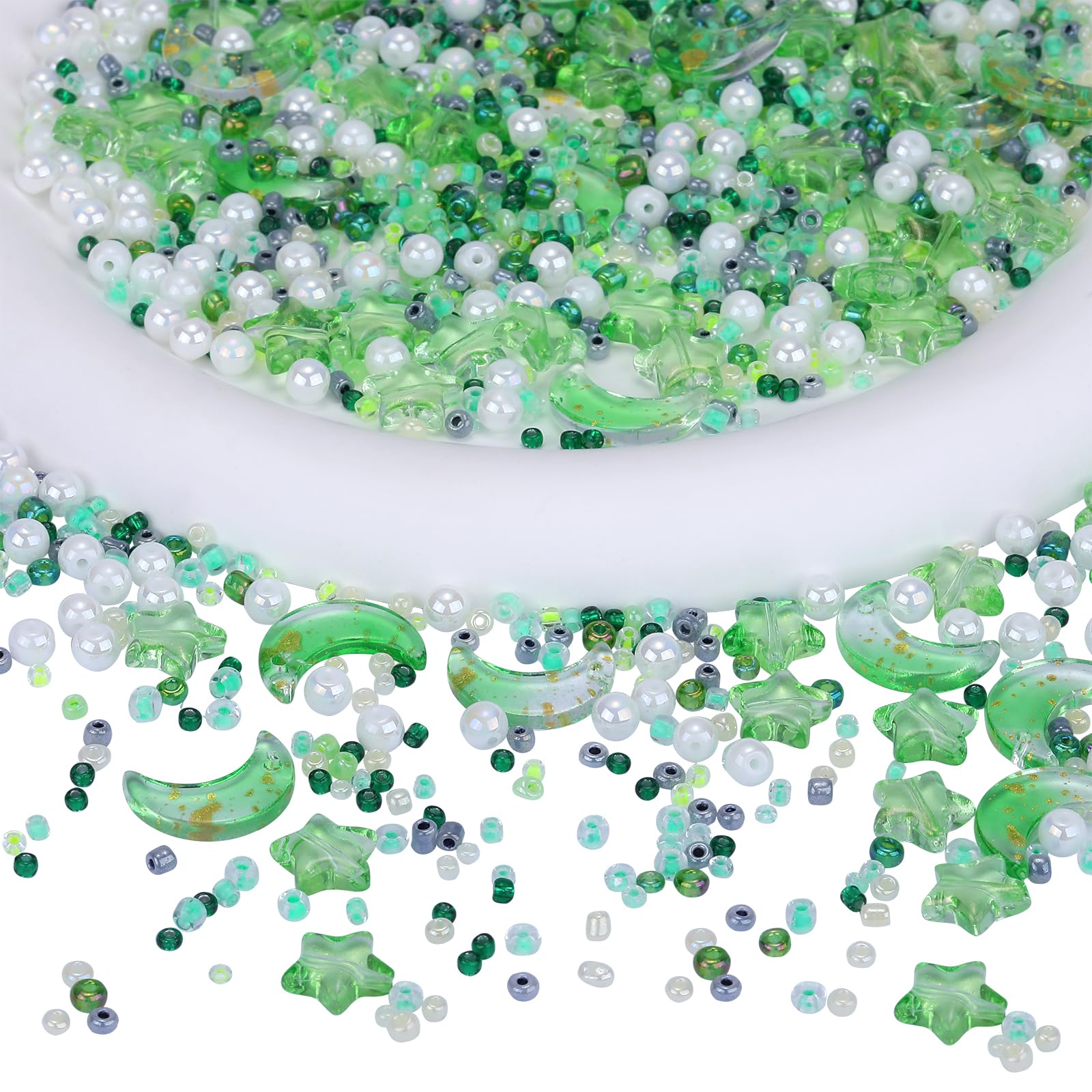 BEEFLYING 2220pcs Mixed Star Moon Shape Glass Spacer Beads Round Pearl Acrylic Beads Seed Beads for DIY Jewelry Making(Lime Green)