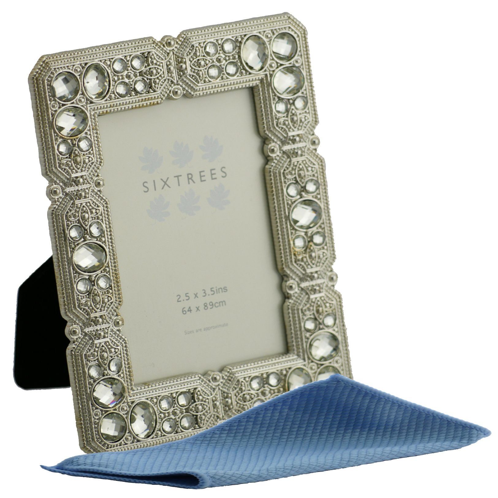 Sixtrees Maud Antique Vintage and Shabby Chic Style silver metal photo frame with beads and crystals for a 3.5" x 2.5" (64 x 89mm) picture. Complete with our microfibre polishing cloth.
