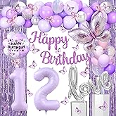 Gonngrun 12th Purple Silver Birthday Party Decorations with Happy Birthday Banner,Love Balloons,Number Balloon 12,Butterfly Hanging Garland,Fringe Curtains for 12 or 21 Years Old Birthday Party