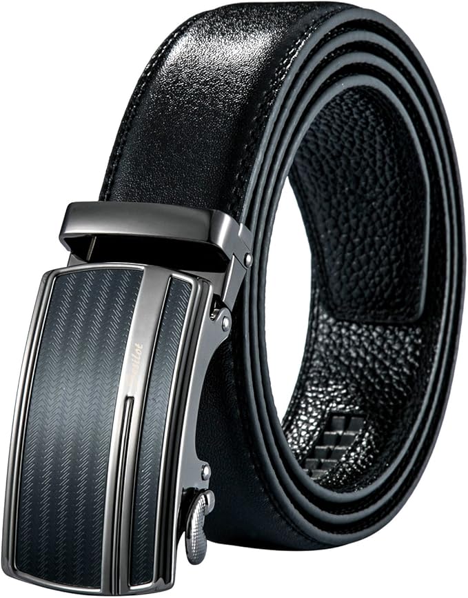 Leather Belt Automatic Buckle Ratchet Slide Holeless Long 50" Black