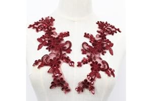 SEMCICOR Pair of Embroidery Sequin Lace Applique Fine Lace Fabric Patches Embroidered Trim Applique Motif Wedding Gown Dress Bridal DIY Crafts(Wine)