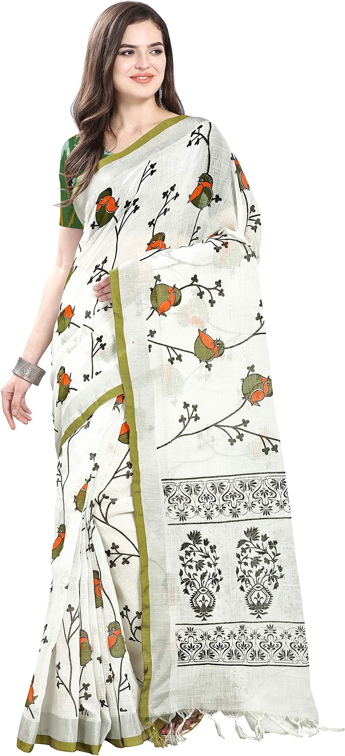 Jevi Prints Women's Cotton Silk Block Print Saree with Ikat Blouse Piece (CHR-500002_White & Green_FS)
