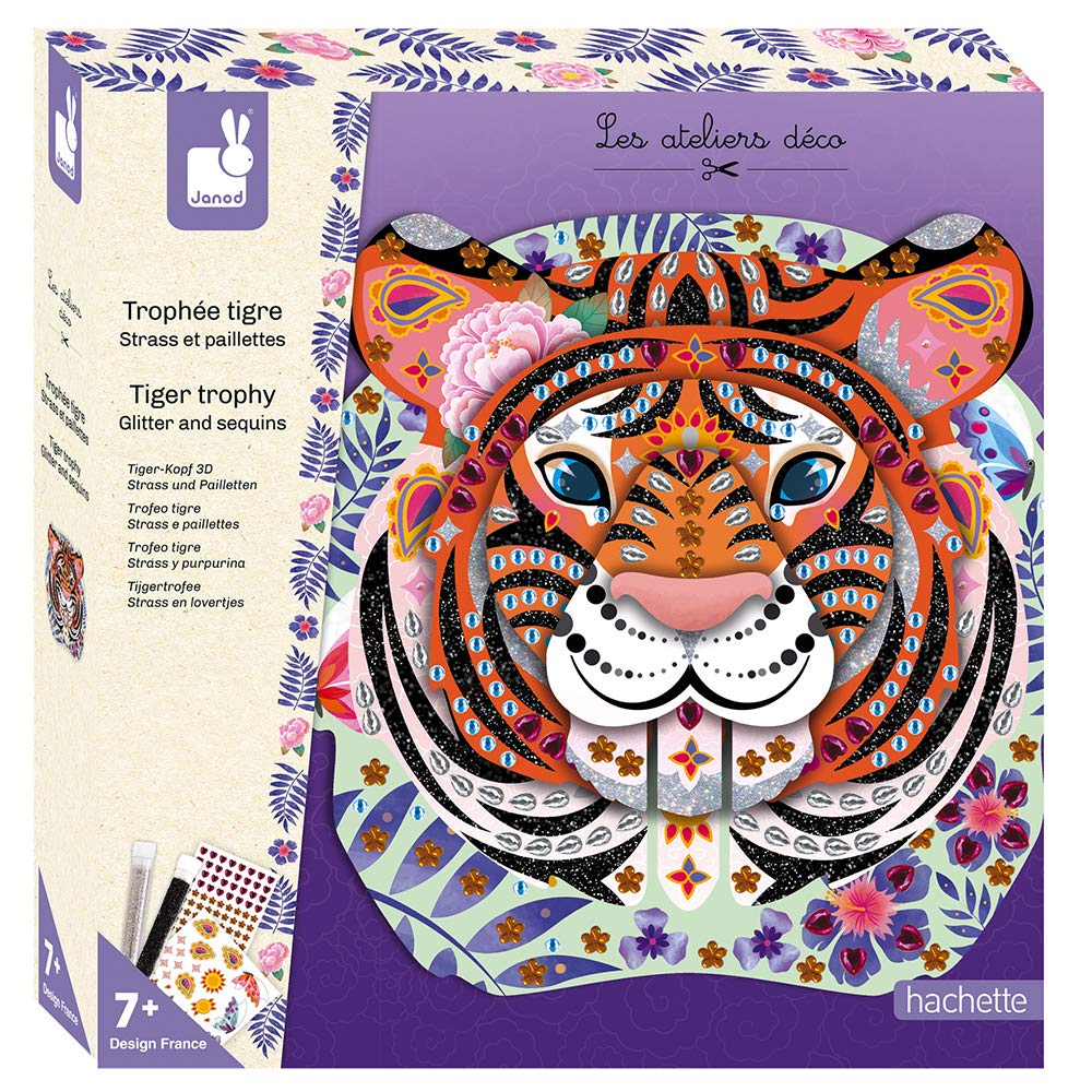 Janod - From 7 years old - Tiger Trophy Strass and Sequins Creative Kit - Decoration Workshops - Creative Leisure - Dexterity and Concentration - J07915