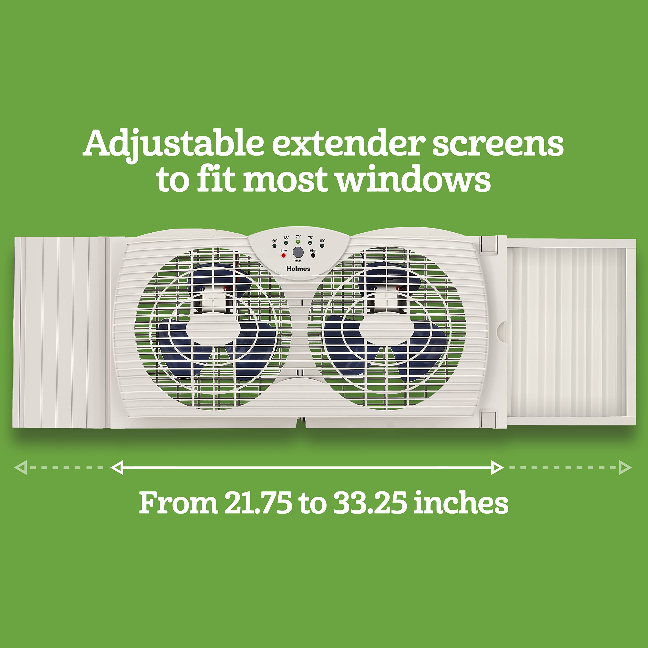 HOLMES Dual Blade Digital Window Fan with Programmable Thermostat Control, Dual 3 Blade Fans, 2 Speeds, Expandable Side Panel with Additional Extender Panels, White
