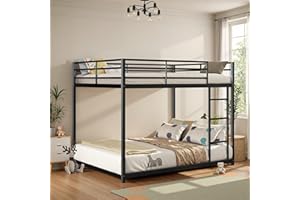 INCLAKE Full Over Full Bunk Bed, Heavy Duty Metal Bunk Bed Frame with Built-in Ladder and Safety Guard Rail, Low Bunk Bed for Teens Adults, Noisy Free & No Box Spring Needed, Black