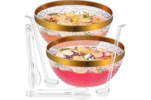 NiHome Gold Trim Clear Plastic Punch Bowl with Ladle and Tong for Parties, Weddings, BBQs, 1.4 Gallon Beverage Serving Bowl C