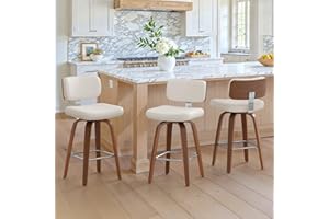 Cozyman Swivel Counter Height Bar Stools Set of 3, 26" Upholstered Seat Barstools with Back Walnut Wood Legs, Mid-Century PU 