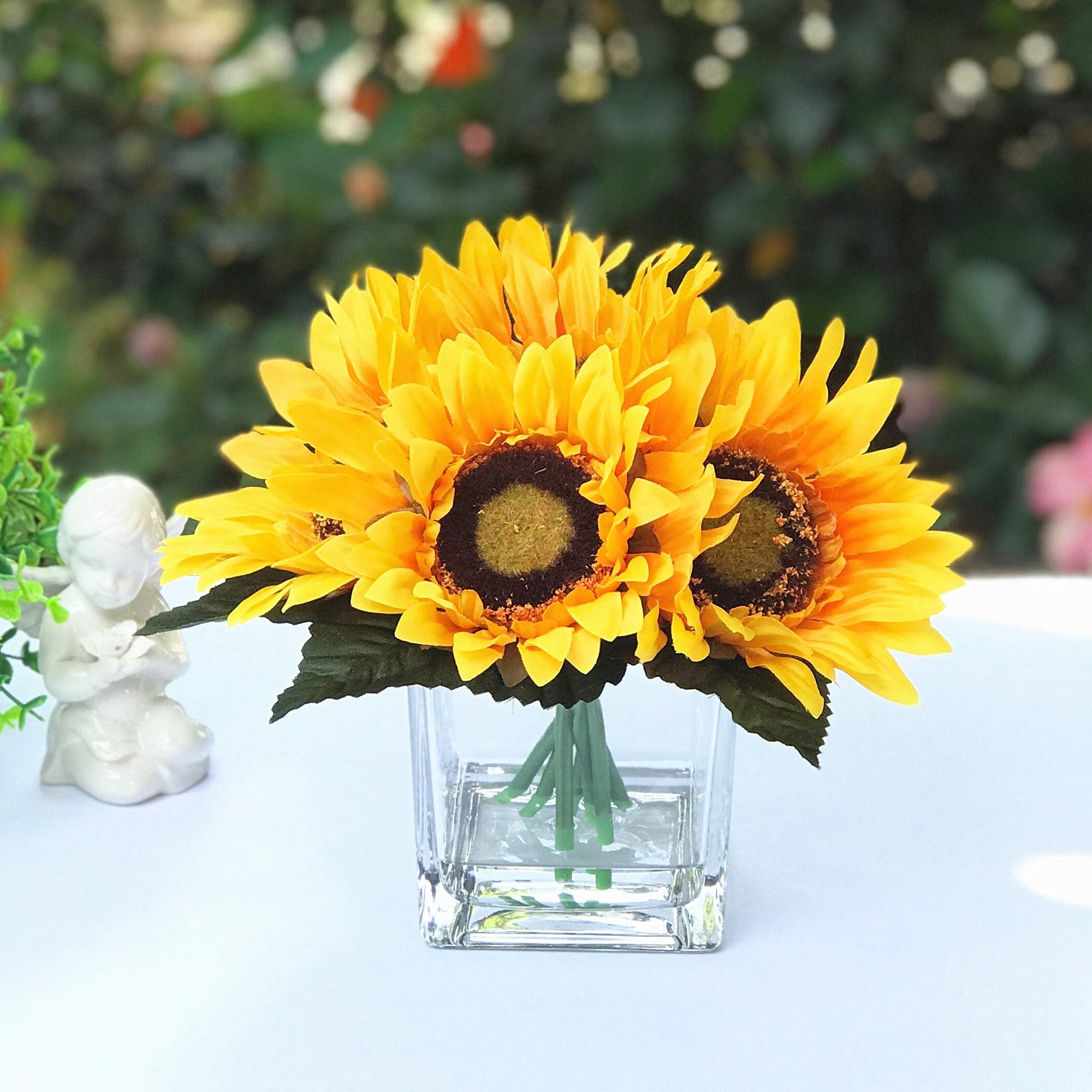 Enova Home 6 Heads Silk Sunflower Arrangement Flower Centerpiece in Clear Glass Vase with Faux Water for Home Decoration