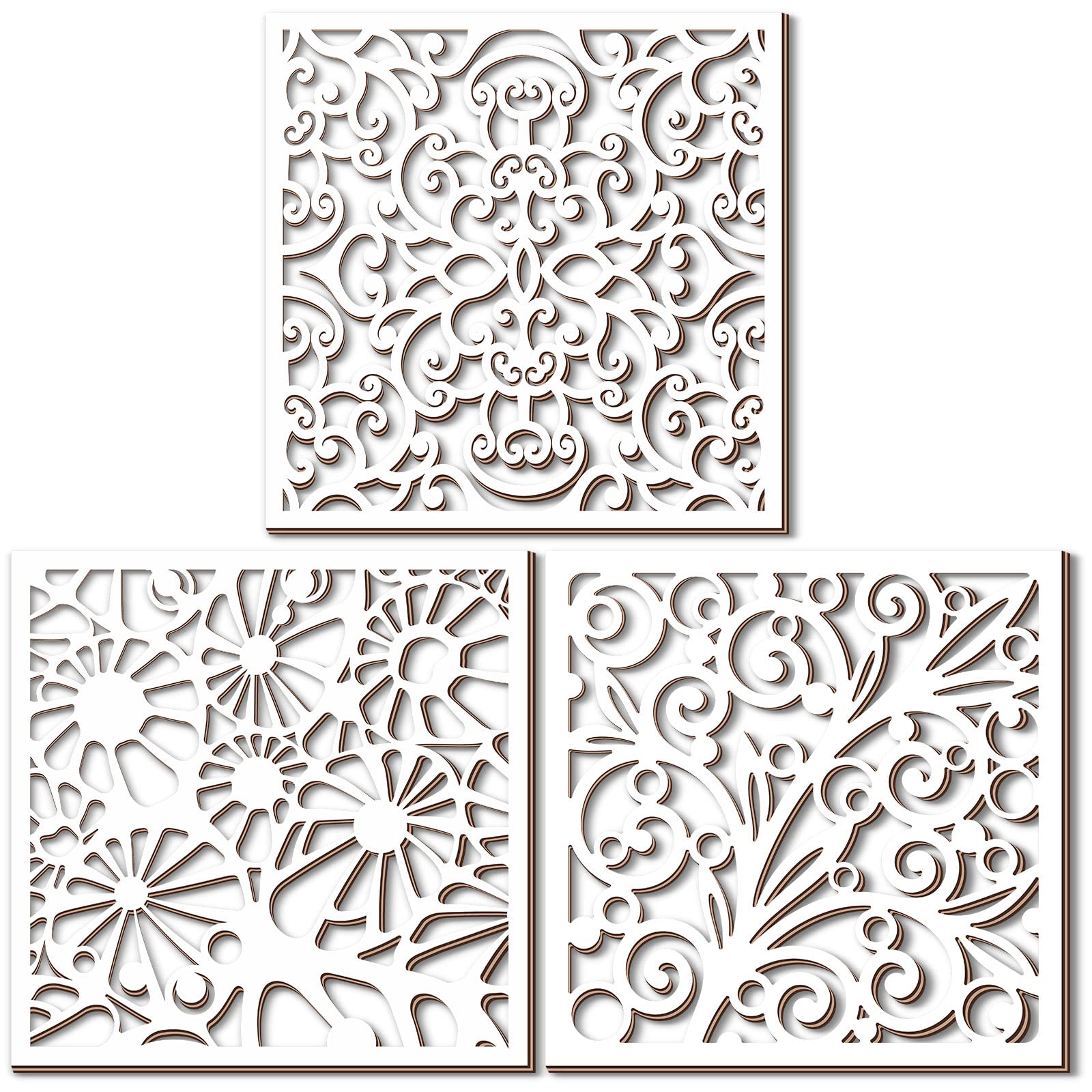 Photo 1 of 3 Pcs Carved Wood Wall Decor Living Room Farmhouse White Wall Art Boho Sign Rustic Floral Wooden Hollow Carved Design Vintage Wall Plaques for Bedroom Office Kitchen Wall Decoration 12 x 12 Inch