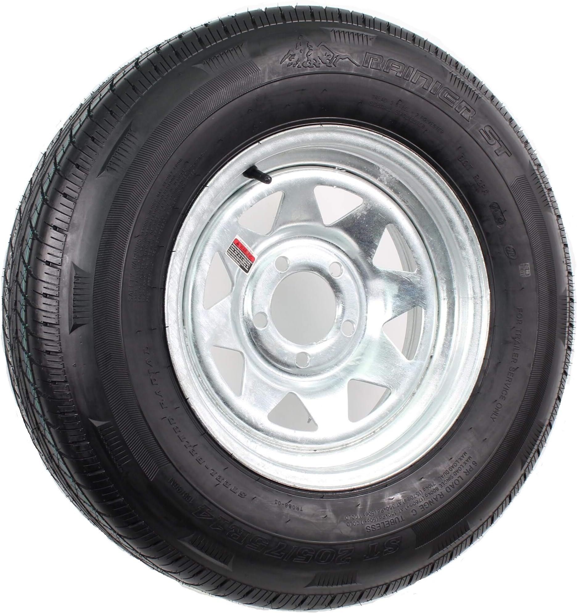 ST205/75R14 LRC 6 PR Rainier ST Radial Trailer Tire on 14" 5 Lug Galvanized Spoke Trailer Wheel