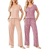 Ekouaer 2 Pack Womens Pajamas Short Sleeve Sleepwear Top with Pants Super-Soft Printed Lounge Sets S-XXL