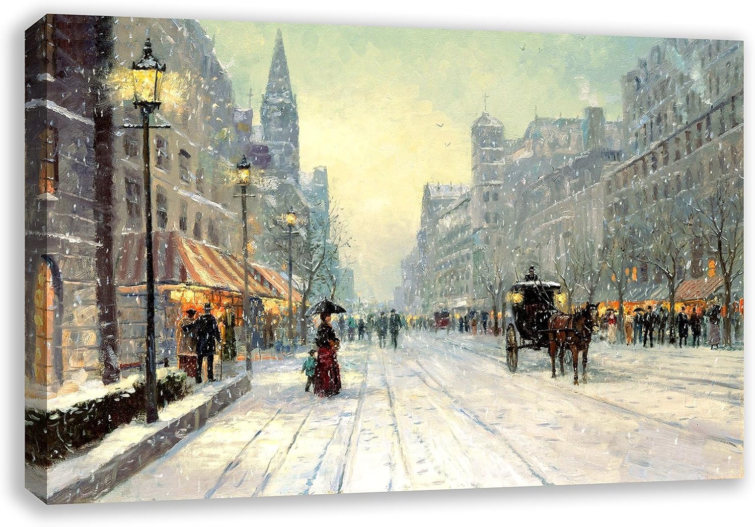 VICTORIAN LONDON WINTER FESTIVE PAINTING SNOW CANVAS WALL ART 30" X 18