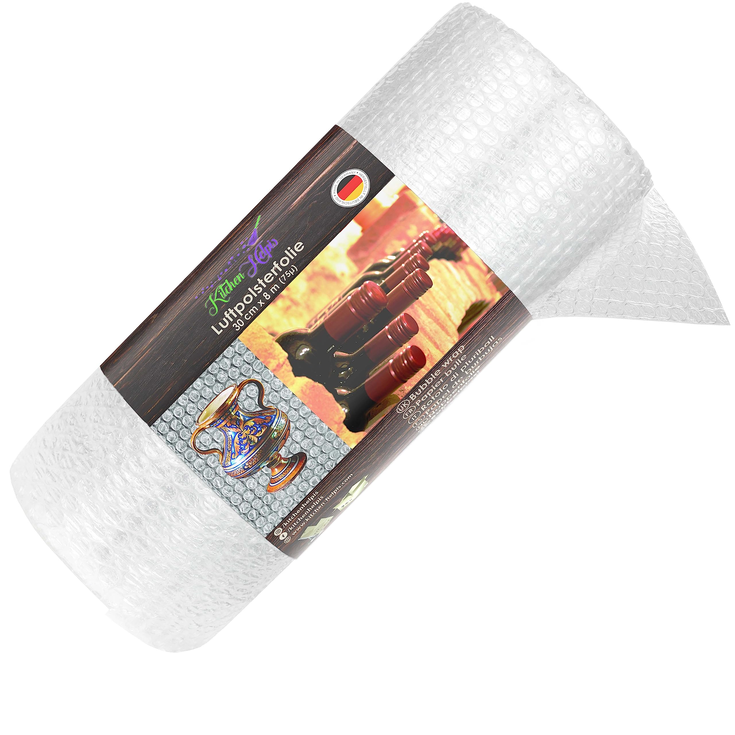 Kitchen Helpis® Durable (75μ/3-ply) bubble wrap 8 m x 30 cm, packaging film, our air cushion film protects particularly fragile things, perfect for bottles/expensive things
