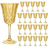 LEYIQU Plastic Wine Glasses 10oz Vintage Goblets Unbreakable Reusable BPA-Free Stemmed Drinking Glasses for Parties, Weddings & Events Leaf-Patterned (Set of 24, Gold)