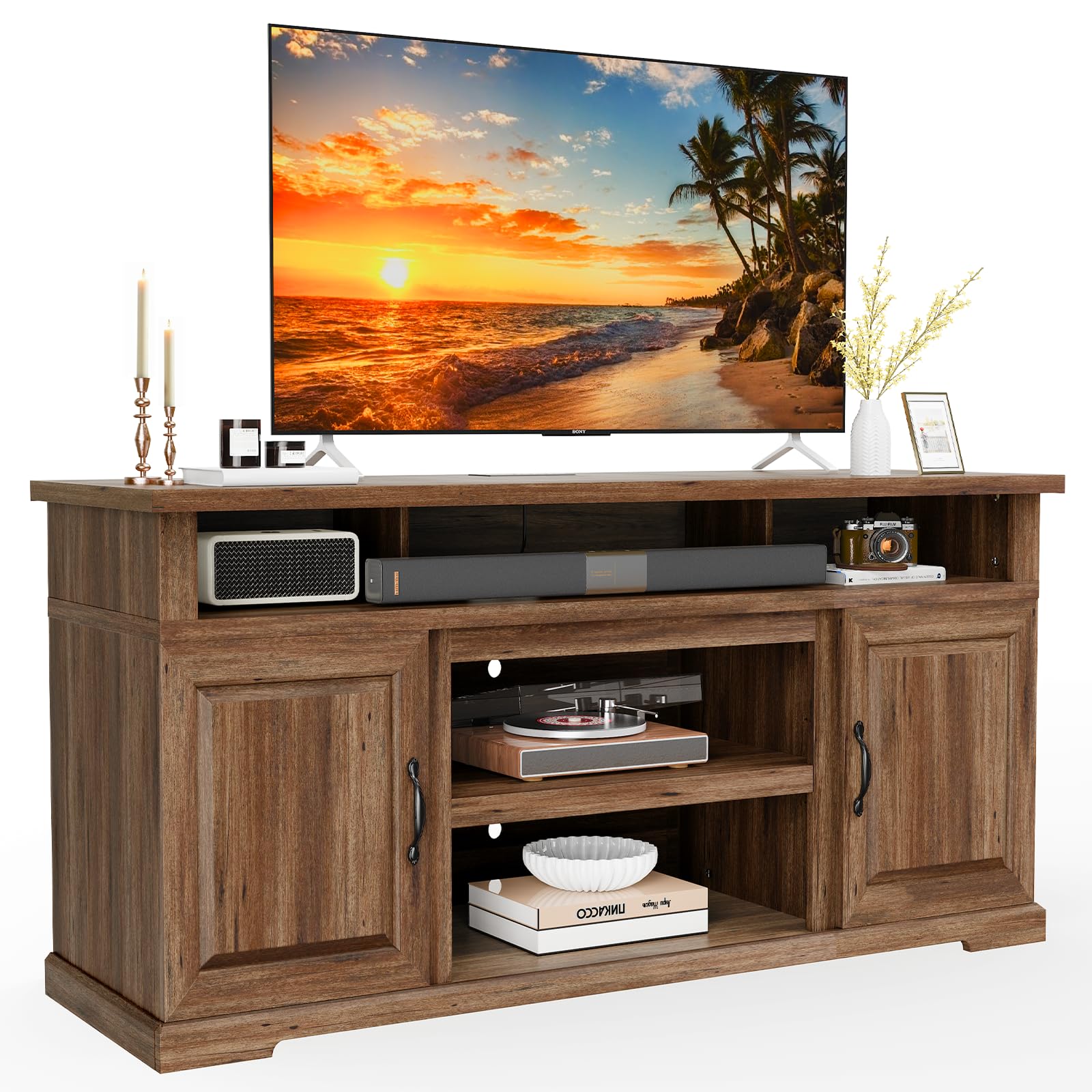 Photo 1 of Marsail Modern Farmhouse TV Stand, Entertainment Center with Storage Cabinets, Adjustable Shelves and Power Outlets for Televisions up to 80 Inch, TV Console Table for Living Room, Brown