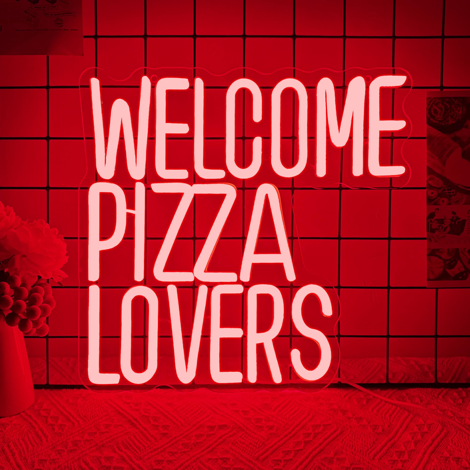 Welcome Pizza Lovers Neon Light, Red Dimmable LED Personalized Pizza Lovers Neon Sign, Family Restaurant Entertainment Room Food Theme Party Wall Neon Sign Decor Holiday Gift For Pizza Lovers, Children, Family (12.9*12.5in) Image