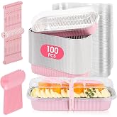 JPPSUJJ 100 Pack Mini Cake Pans with Lids and Spoons, Disposable Aluminum Foil Cake Tins（6.8oz） Individual Small Cake Baking Containers for Party, Wedding, Birthday