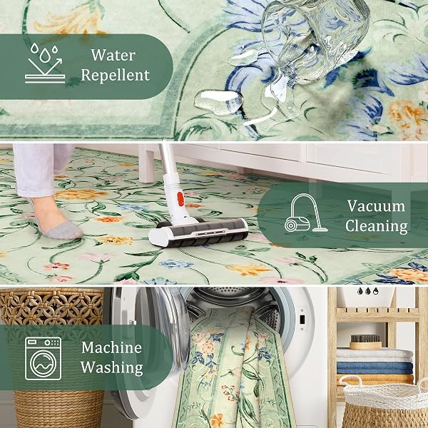 MOREBES 5X7 SAGE GREEN AREA RUGS, WASHABLE FLORAL NURSERY RUG NON SLIP, SOFT LOW PILE INDOOR FLOOR CARPET FOR LIVING ROOM DINING PLAYROOM HOME (SAGE GREEN 5’X7′)