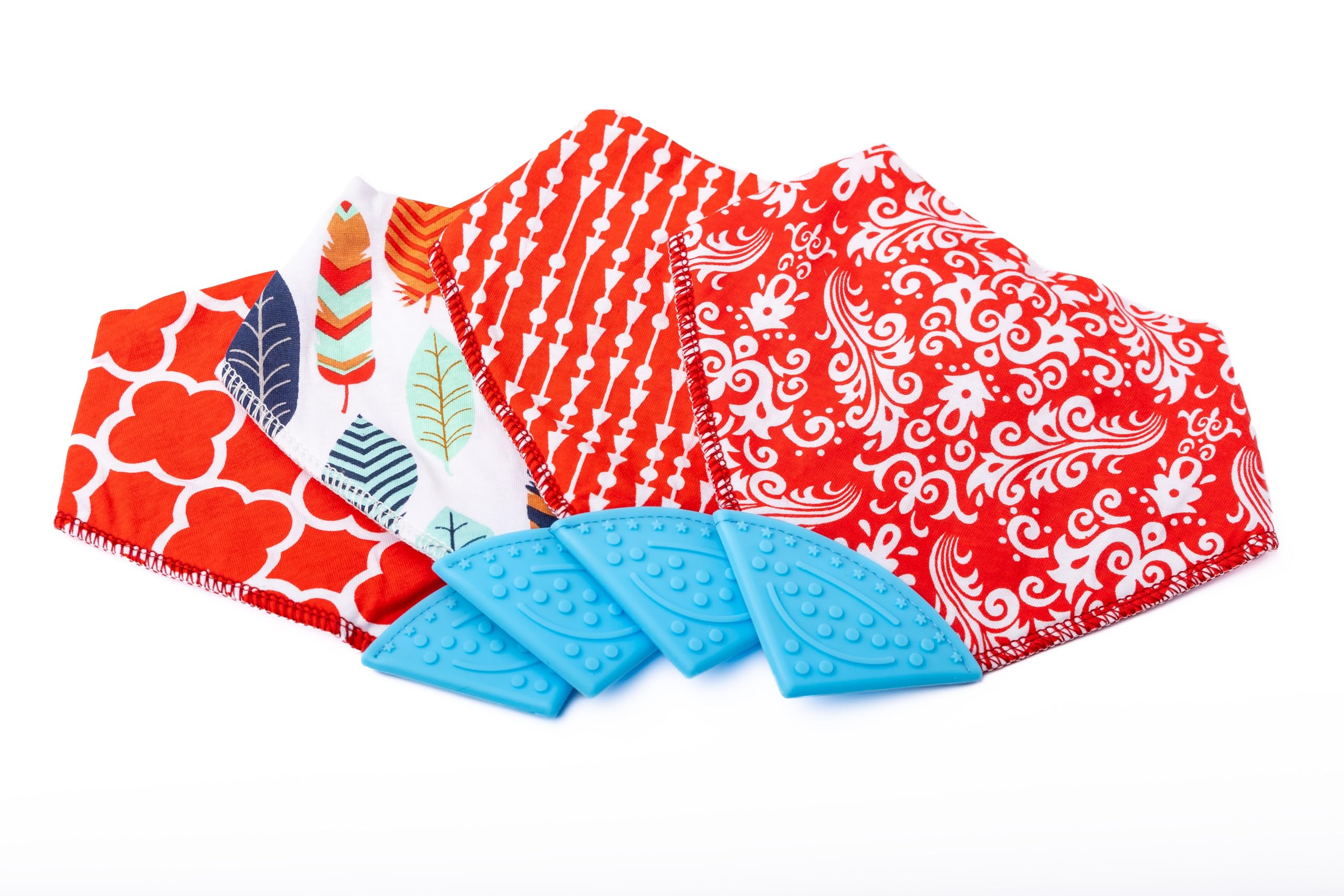 V&D HOME - Baby and Toddler Dribble Bib with Teether | 0-18 month Teething Bibs for Baby and Toddler | 100% BPA & Pthalate Free | Bandana bib with teether | 4 Pack (Red and Blue)