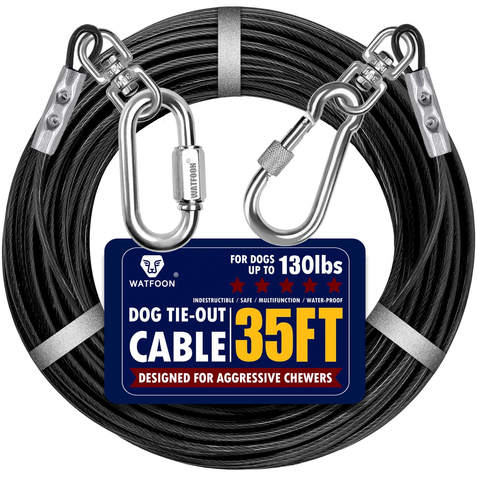 Photo 1 of Dog Leads for Yard 20ft 25ft 30ft 35ft 40ft 45ft 50ft 55ft 65ft 100ft Dog Tie Out Cable Runner Steel Tieout Heavy Duty Tether Chew Proof Long Dog Chains for Outside, Camping, Park (35ft-Black)