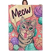 PLKRL Cute Cat Blanket, Soft Cozy Lightweight Flannel Throw Blanket for Living Room Bedroom Travel Home, Cartoon Colorful Decor, 50x60 Inch, Kitten and Yarn Ball Blankets Gifts for Women Kids Girls
