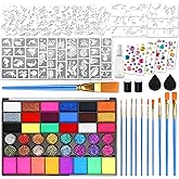 Water Activated Face Paint Professional Kit, Water Based Face Painting kit for kids, 42 Color Non-Toxic Face Paint Palette with Tattoo Stencils, Gems, Brushes for Parties, Carnival, Festivals