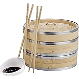 VonShef 10-Inch 2 Tier Bamboo Steamer with Stainless Steel Banding, 2 Pairs of Chopsticks and 50 Wax Steamer Liners