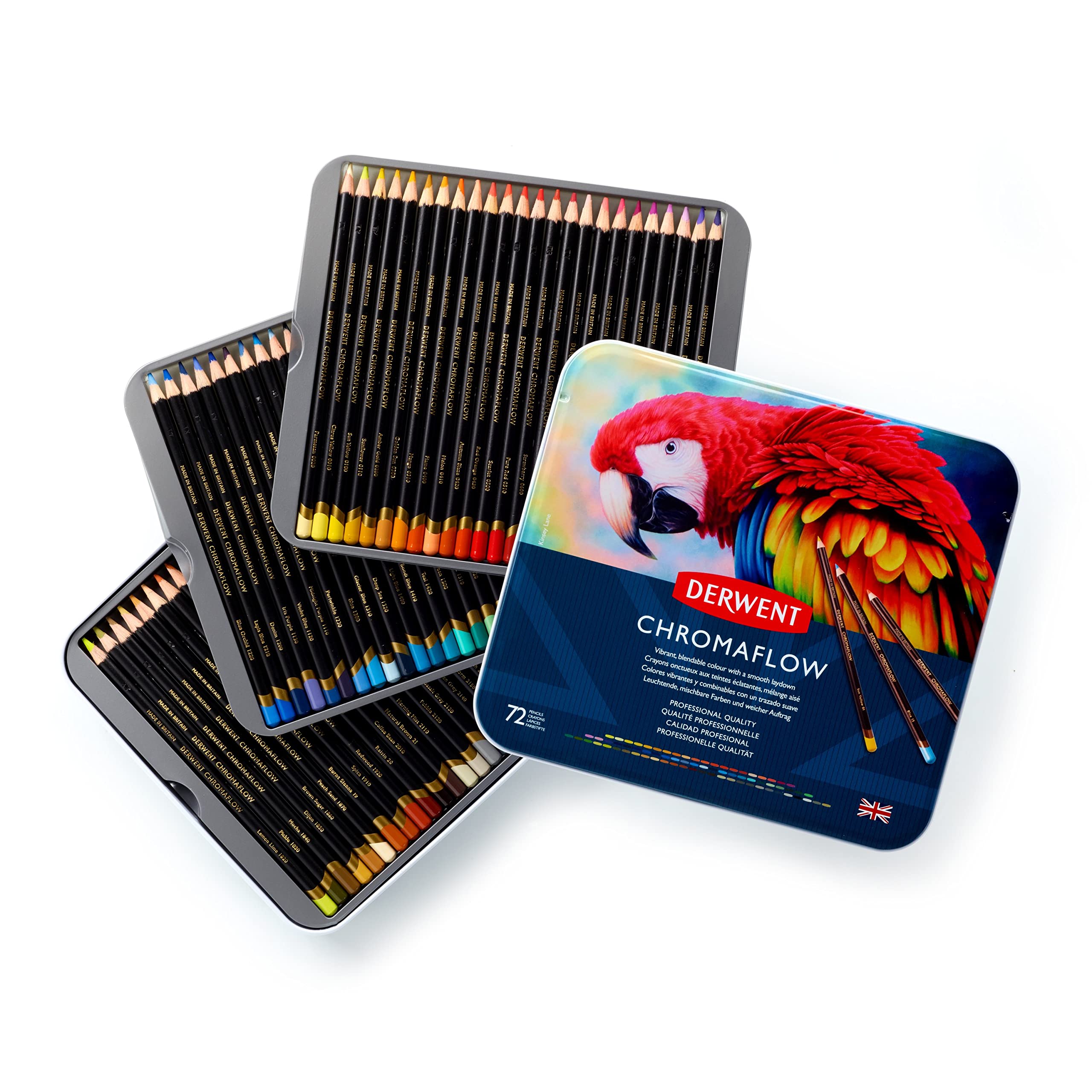 Derwent Chromaflow Colored Pencils Tin, Set of 72, Great for Holiday Gifts, 4mm Wide Core, Multicolor, Smooth Texture, Art Supplies for Drawing, Blending, Sketching, Professional Quality (2306014)