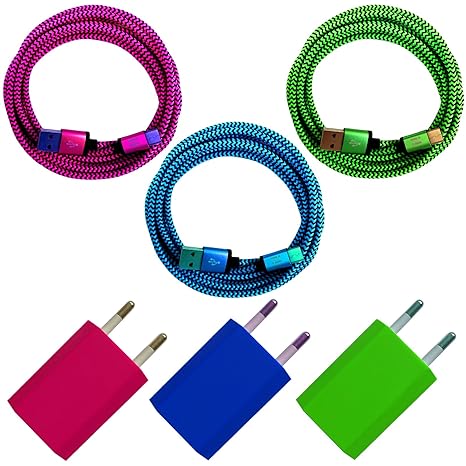 [i!®] 3x USB Netzstecker 5V/1A + 3x 2m Premium Nylon USB-C Typ C 3.1 Ladekabel Datenkabel SET kompatibel mit [Nexus 5X, Nexus