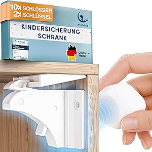 MUTKIND® 10x Magnetische Kindersicherung (Mit starkem TESA-Kleber) + 2x Schlüssel - 100% unsichtbare Kindersicherung Schrank und Schubladen - Schubladensicherung & Schranksicherung Baby ohne Bohren
