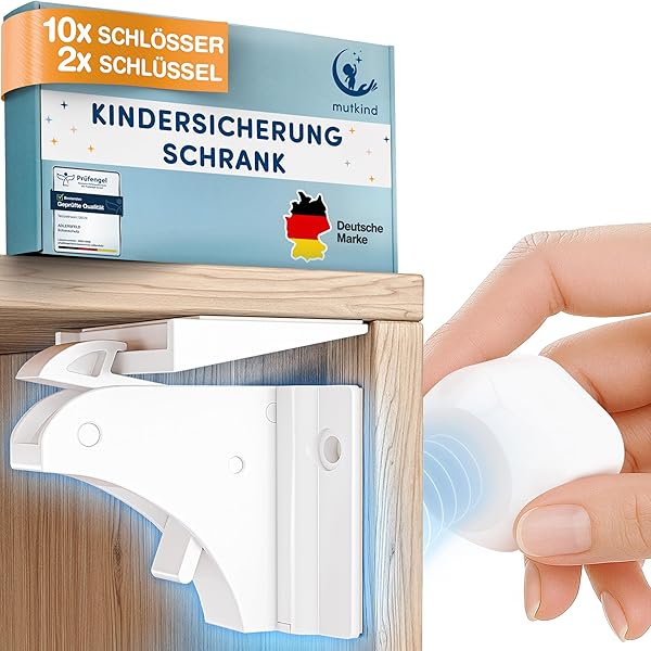 MUTKIND® 10x Magnetische Kindersicherung (Mit starkem TESA-Kleber) + 2x Schlüssel - 100% unsichtbare Kindersicherung Schrank und Schubladen - Schubladensicherung & Schranksicherung Baby ohne Bohren
