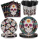 XIENBLOC 120pcs Day of the Dead Party Plates Napkins Dia de Los Muertos Party Supplies Sugar Skull Paper Dessert Plates Cups Forks for Day of the Dead Party Decoration Serve 24