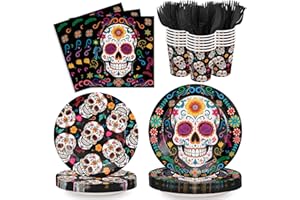 XIENBLOC 120pcs Day of the Dead Patry Plates Napkins Dia de Los Muertos Party Supplies Sugar Skull Paper Dessert Plates Cups Forks for Day of the Dead Party Decoration Serve 24