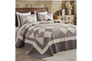 SahSahCasa 120"x120" 100% Cotton Oversized California King Bedspread Coverlet Quilt Set, Plaid Cal King Quilted Bedspread Extra Large Quilt, XL Bed Spread Lightweight Comforter, Brown/Gray