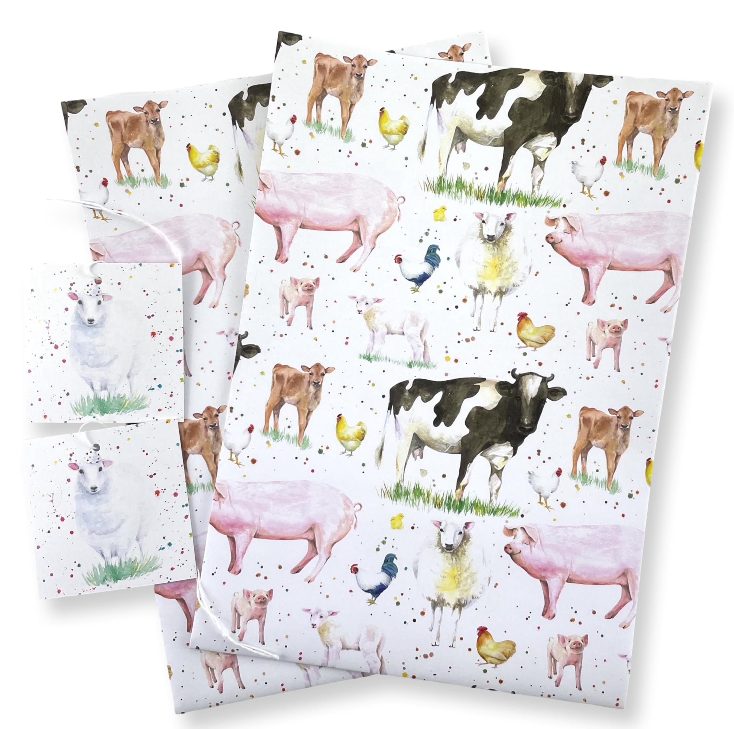 Farm Animal Recycled Gift Wrapping Paper - cows - sheep - pigs- hens - birthday - Christmas - Father's Day - 2 sheets and 2 strung tags