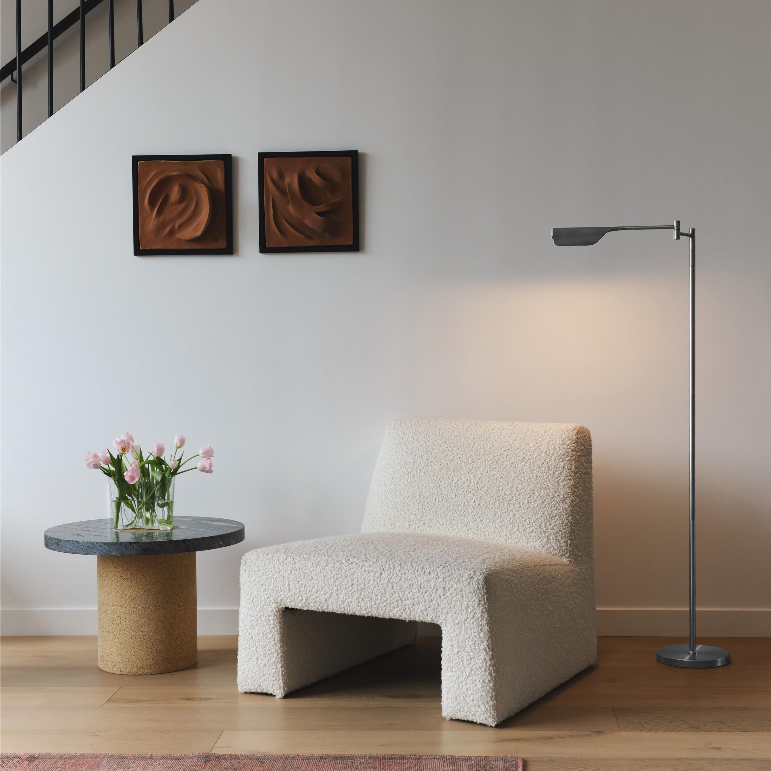 Brightech Leaf Pharmacy LED Reading Lamp, Dimmable Floor Lamp with Easy Rotation over Chair or Desk for Living Rooms & Offices, Adjustable Standing Lamp, Tall Lamp For Sewing & Craft - Platinum Silver