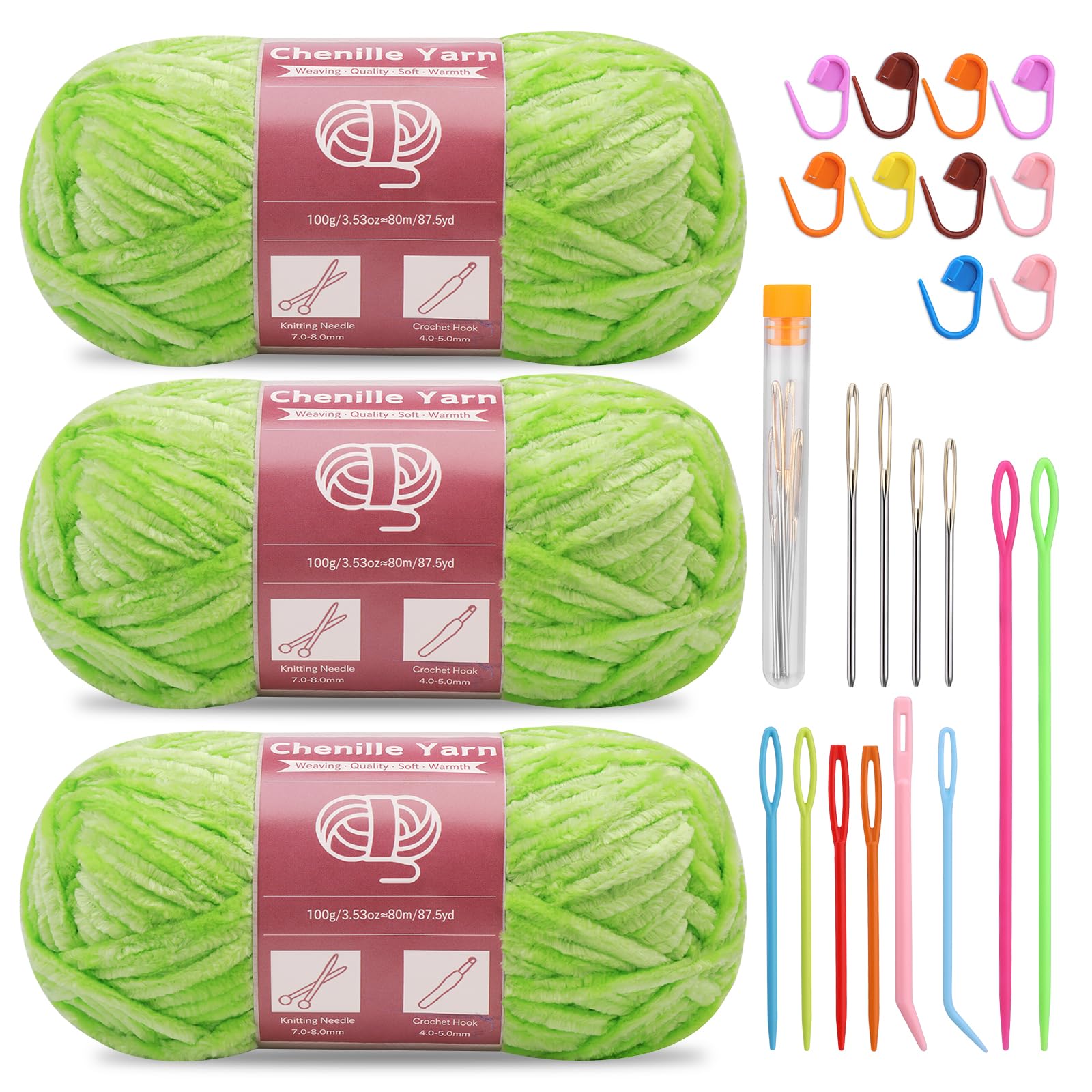 SUVSOON 3 * 100g Chenille Yarn, Velvet Yarn for Crocheting and Knitting with Needles Stitch Marker Handcrafts Weaving Soft Chenille for Blankets, Clothes, Pattern Knitting(Grass Green) — image 1
