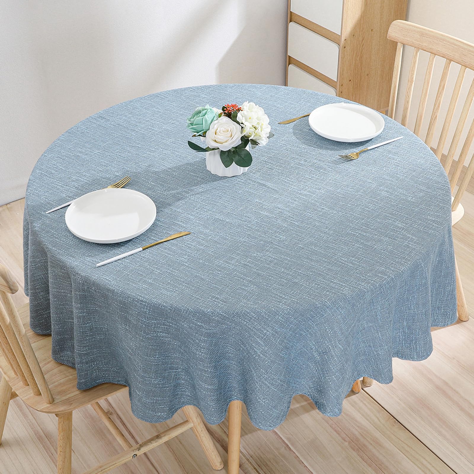 Photo 1 of Qubjus Classic Round Tablecloth Table Cloth Round Cotton Linen Farmhouse Heavy Weight Table Cover for Dining Tabletop Decoration Party, Round - 48", Light Blue