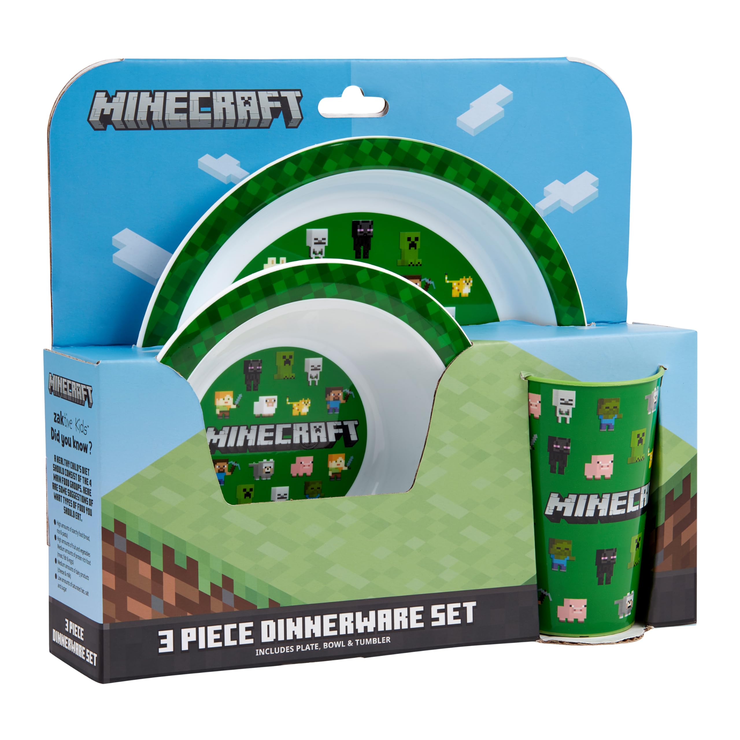 Minecraft 3 Piece Dinner Set with one dinner plate, Soup bowl & Tumbler BPA-free & Reusable Plastic Dinner Set and Dishwasher Safe for fan & Collector Officially Merchandise